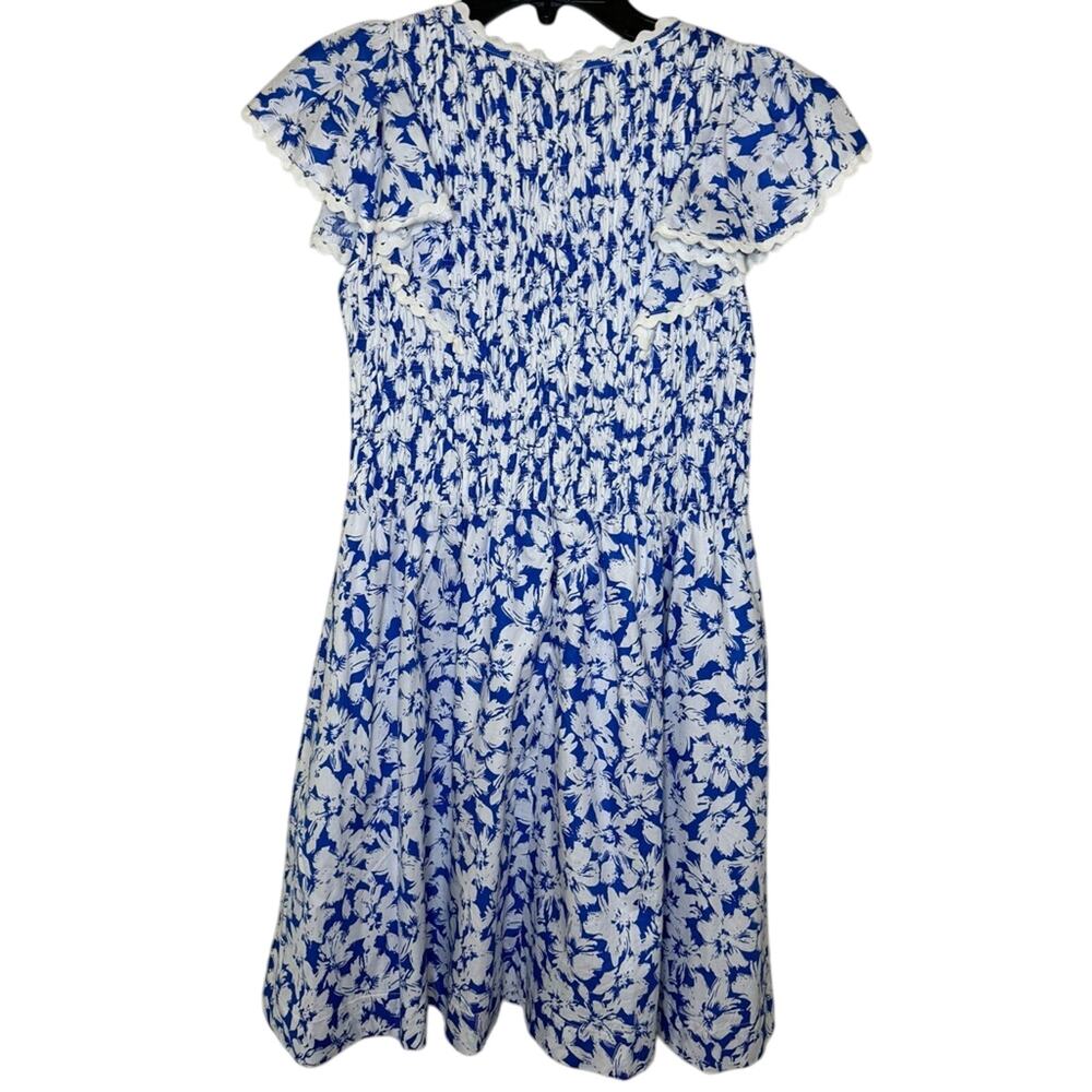 &MERCI White and Blue Floral Summer Dress Ruffle Sleeves Pockets Womens Medium - Picture 5 of 8
